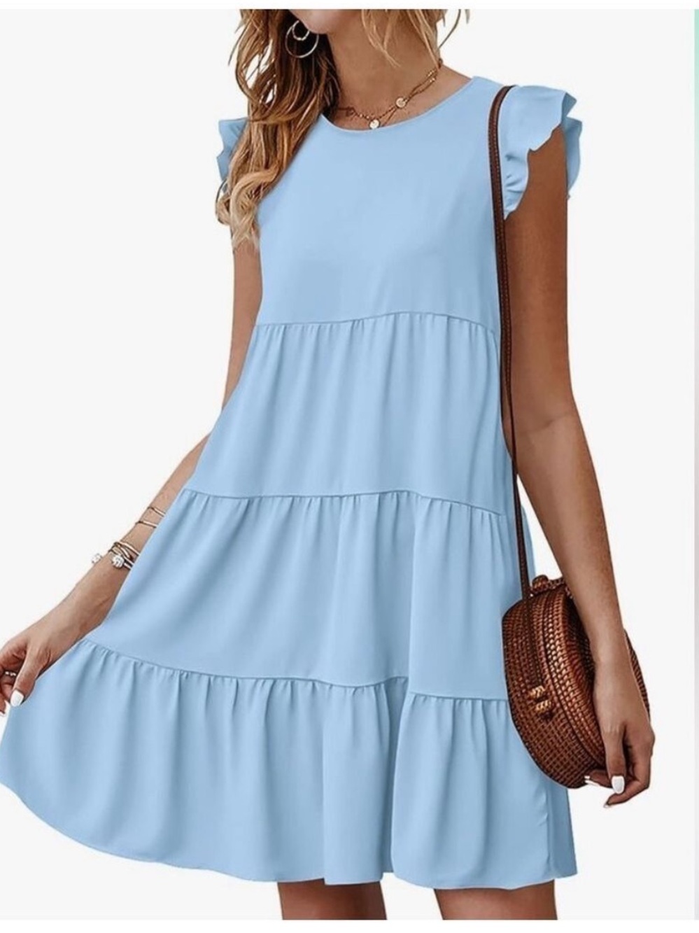 Kirundo Sky Blue Tiered Mini Dress flutter sleeve Medium